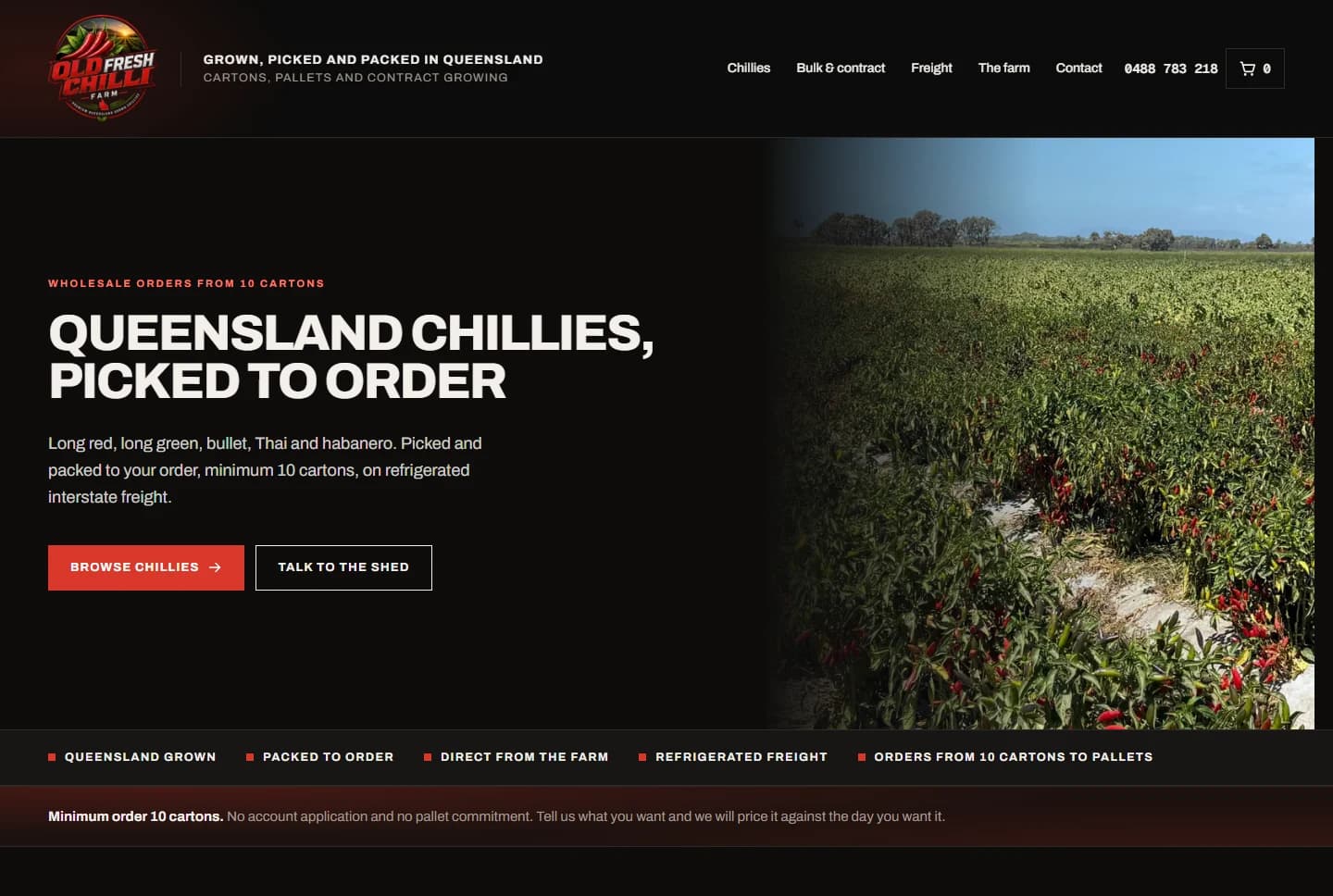 The live QLD Fresh Chilli Farm homepage, showing farm-grown chillies and wholesale ordering
