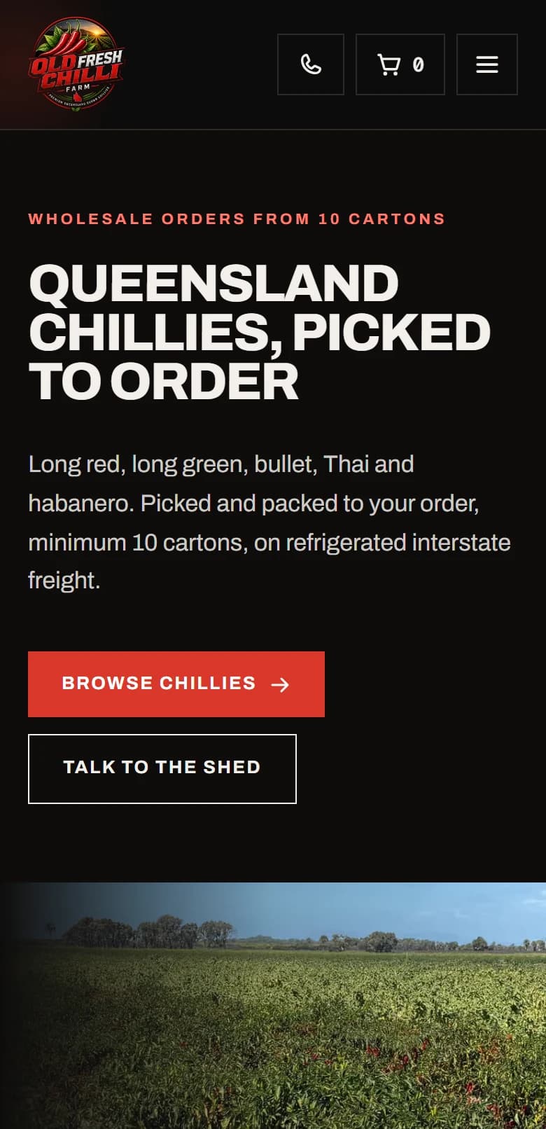 The QLD Fresh Chilli Farm homepage on a phone